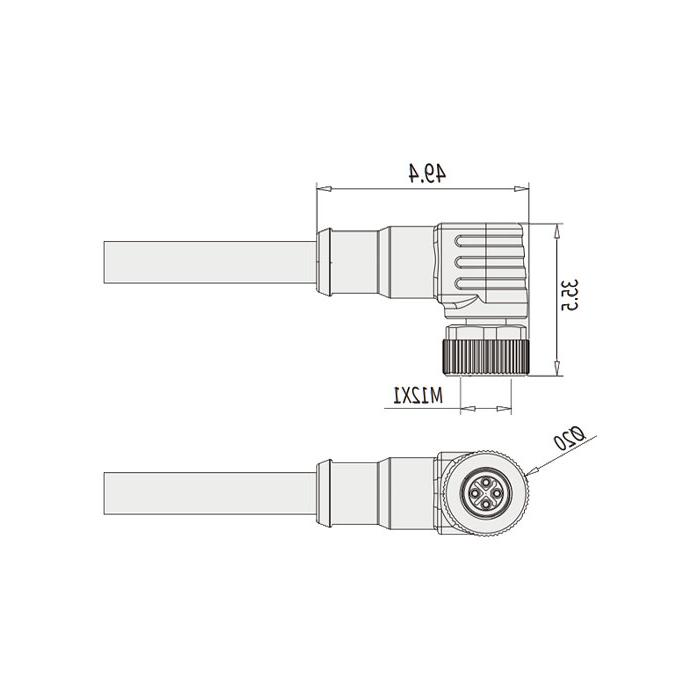 M12 4-pin S-coded, 90° female, single-end pre-cast PVC non-flexible cable, grey sheathing 64SP41-XXX