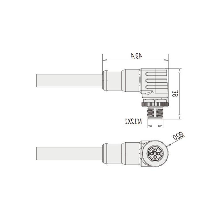 M12 4Pin T-coded、公头90°、单端预铸PVC非柔性电缆、黄色护套、64TP63-XXX